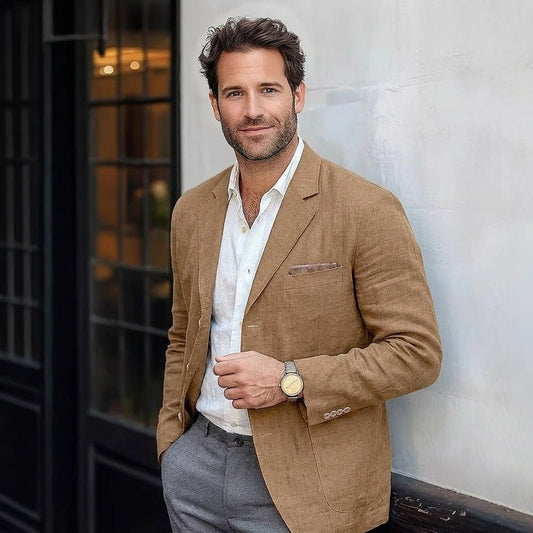 Men's Relaxed Linen Blazer with Notched Lapel Front