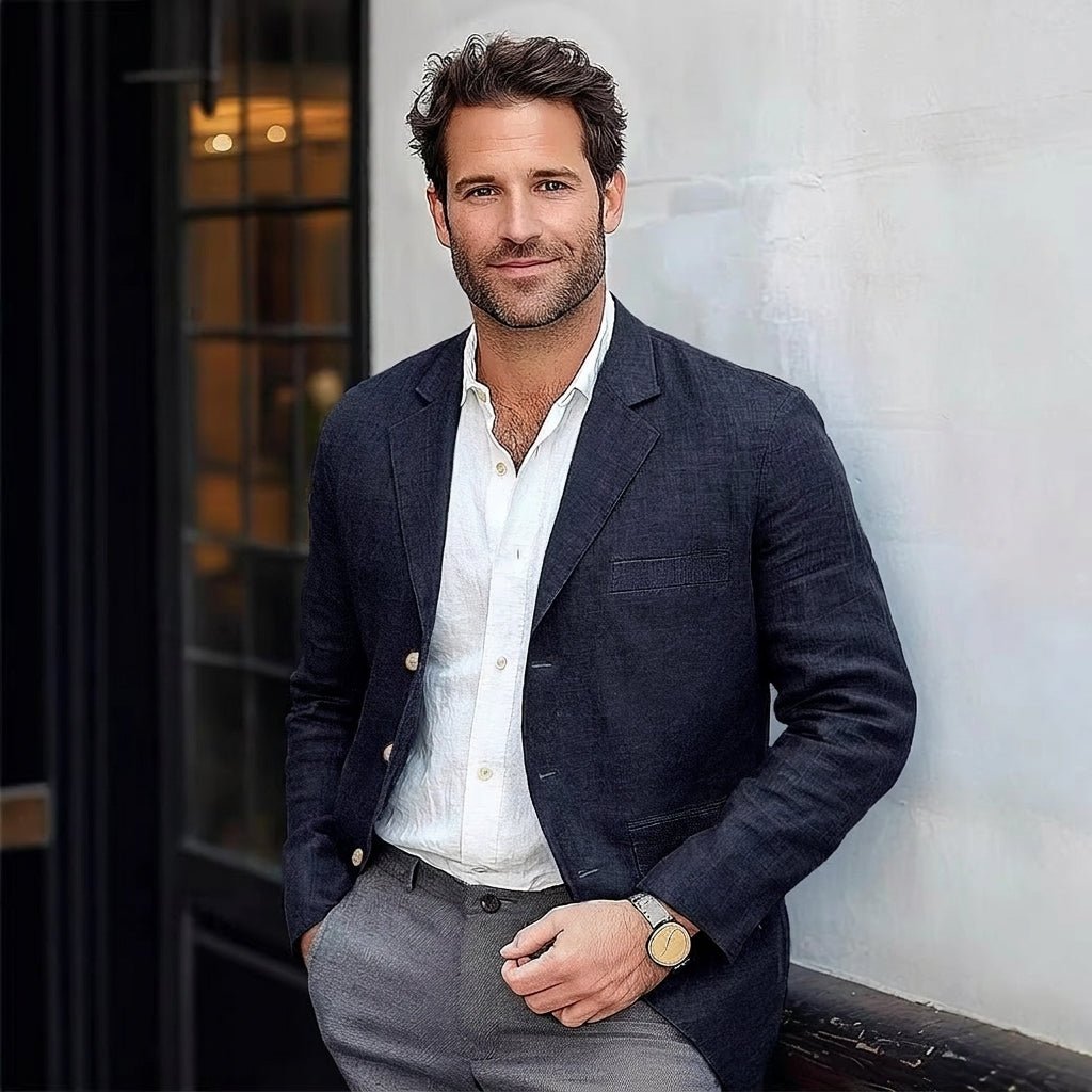 Men's Relaxed Linen Blazer with Notched Lapel Side