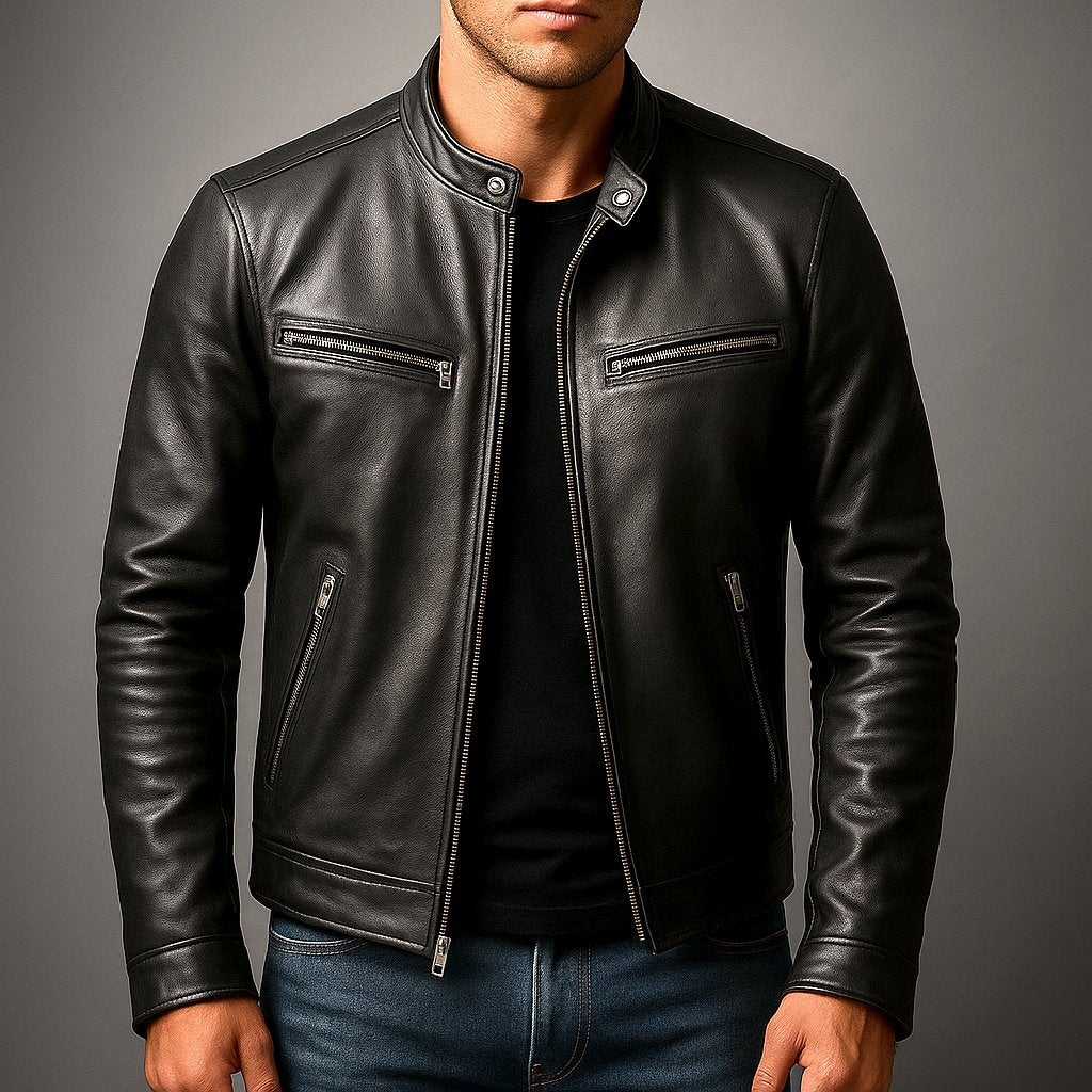 Men's Vintage Leather Jacket with Racer Collar Close Up