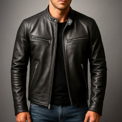 Men's Vintage Leather Jacket with Racer Collar Close Up