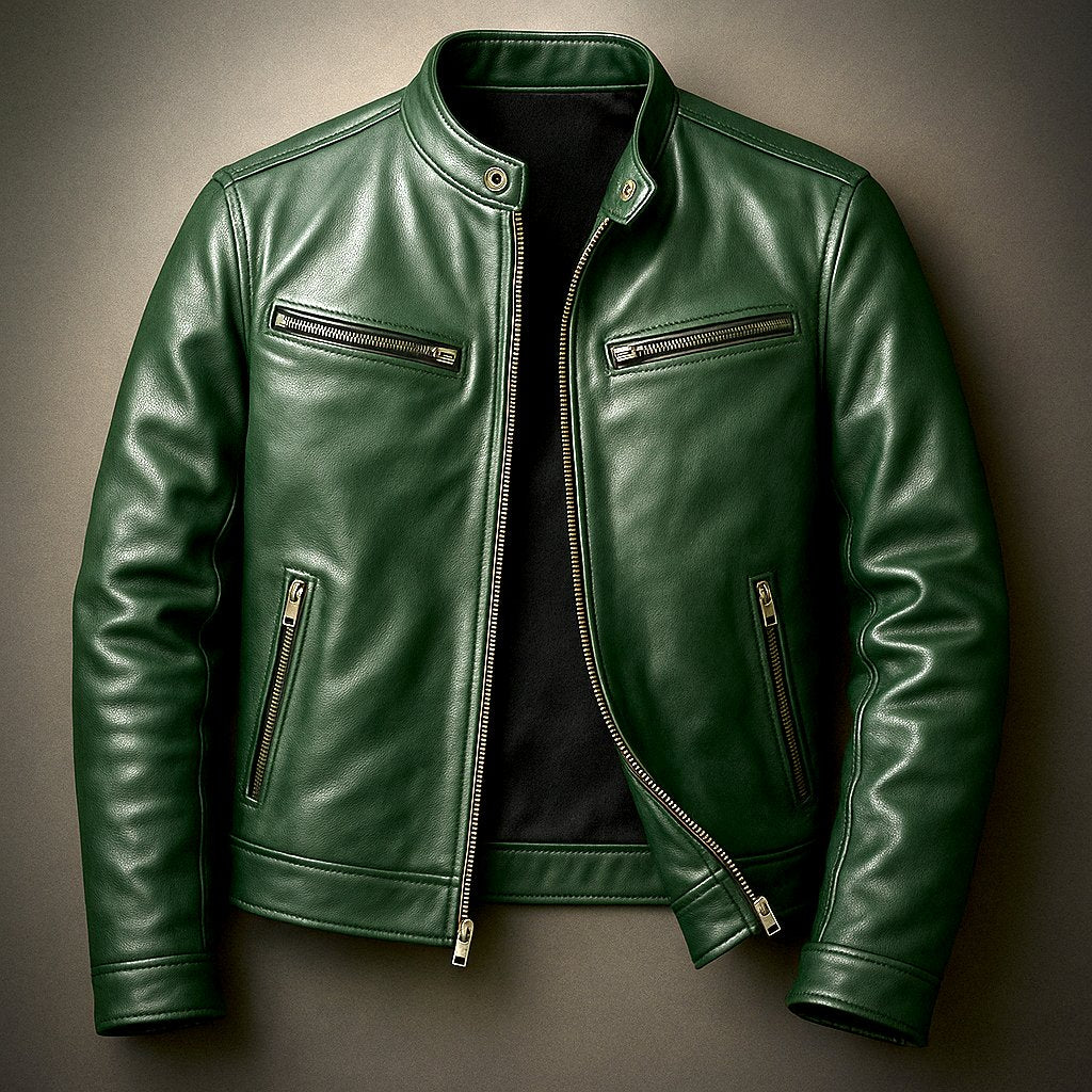 Men's Vintage Leather Jacket with Racer Collar Detail