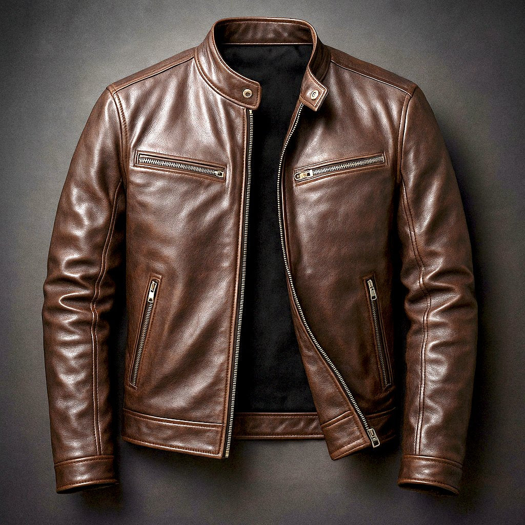 Men's Vintage Leather Jacket with Racer Collar Hero