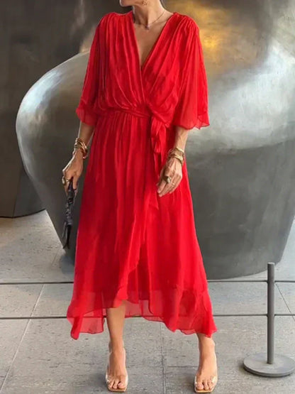 Women's Elegant Wrap Tie Waist Midi Dress