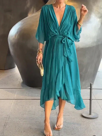 Women's Elegant Wrap Tie Waist Midi Dress