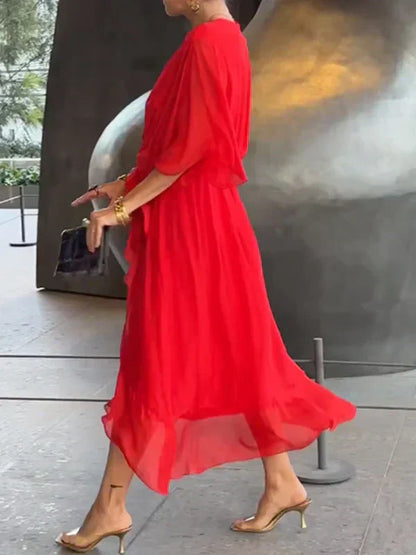 Women's Elegant Wrap Tie Waist Midi Dress