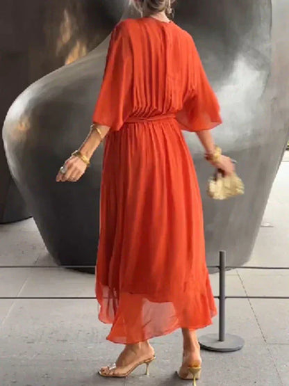 Women's Elegant Wrap Tie Waist Midi Dress