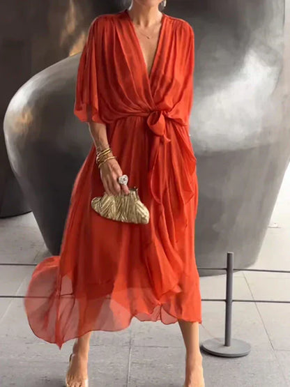 Women's Elegant Wrap Tie Waist Midi Dress