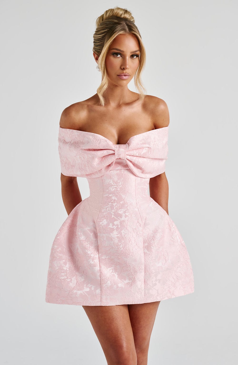 Women’s Off Shoulder Bow Bardot Mini Dress | Structured Tulip Skirt