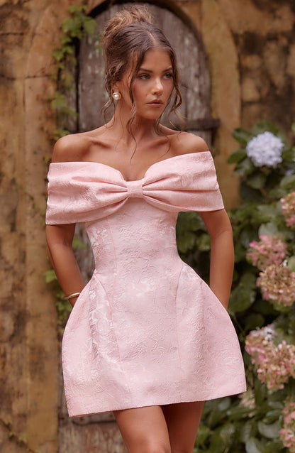 Women’s Off Shoulder Bow Bardot Mini Dress | Structured Tulip Skirt