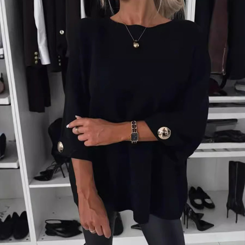 Long Sleeve Sweater Top | Relaxed Fit with Button Sleeves