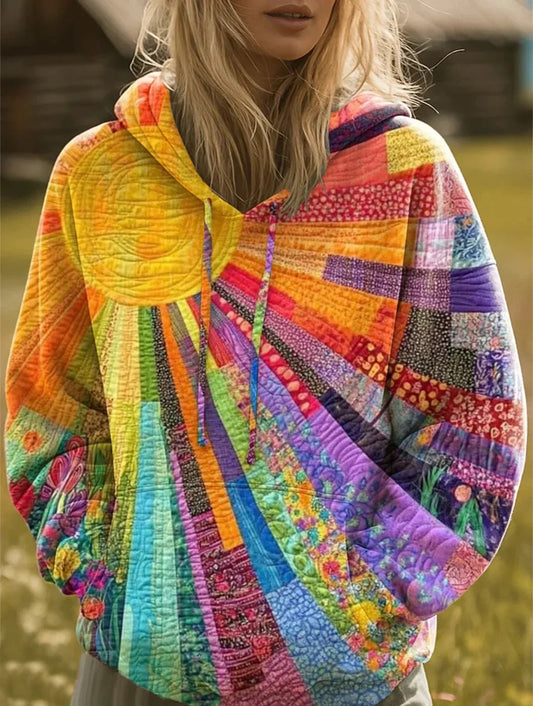 Women's Bohemian Patchwork Hoodie with Sunburst Design Hero