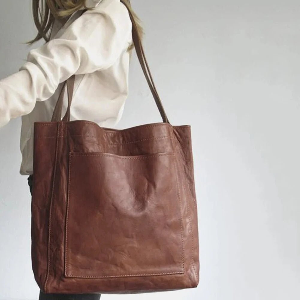 Women's Brown Leather Tote Bag with Front Pocket Back