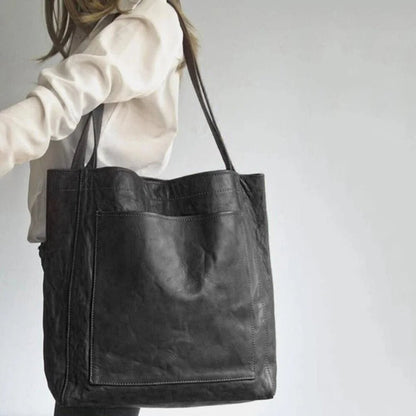 Women's Brown Leather Tote Bag with Front Pocket Close Up