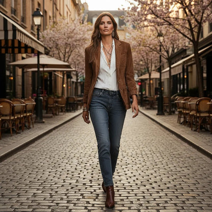 Women's Button-Down Suede Blazer with Patch Pockets Close Up