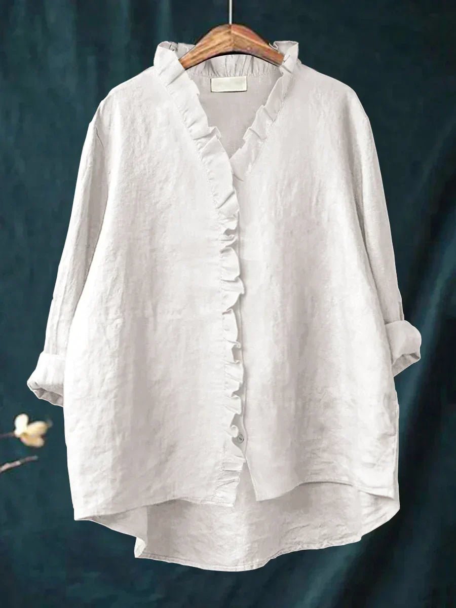 Women's Casual Ruffle V-Neck Blouse with Button Placket Front