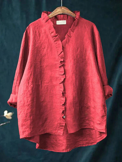Women's Casual Ruffle V-Neck Blouse with Button Placket Hero
