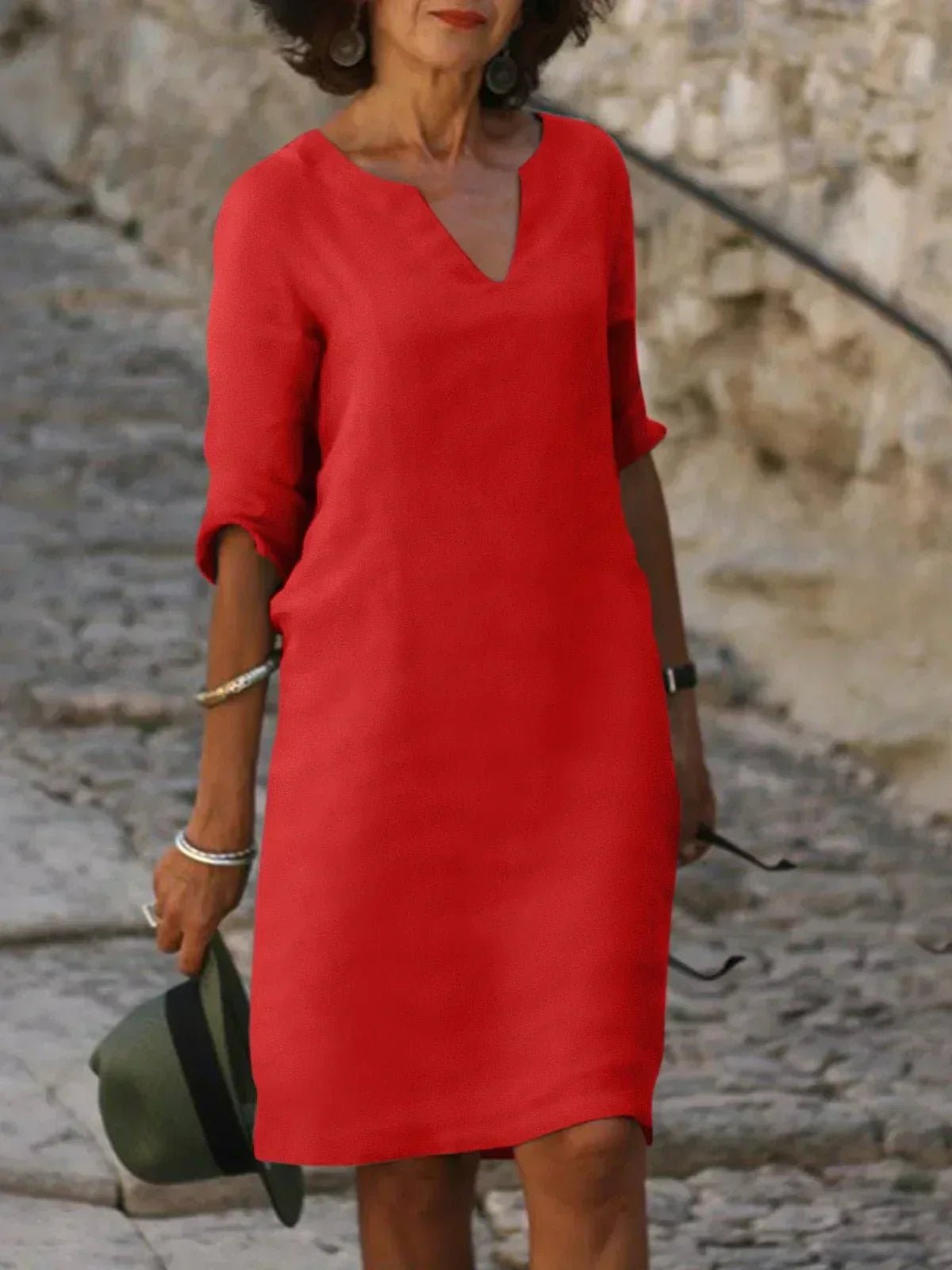 Women's Casual V-Neck Dress with A-Line Silhouette Back