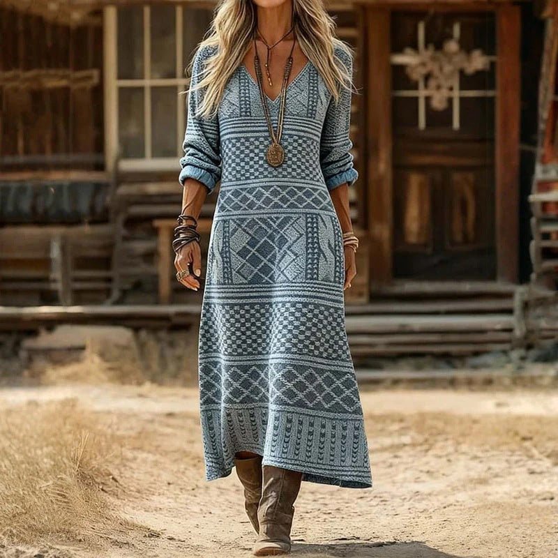 Women's Classic Long Sleeve Vintage Dress with V-Neckline Detail