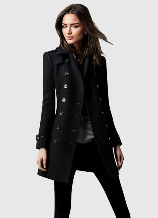 Women's Double-Breasted Wool Coat with Notch Lapel Front