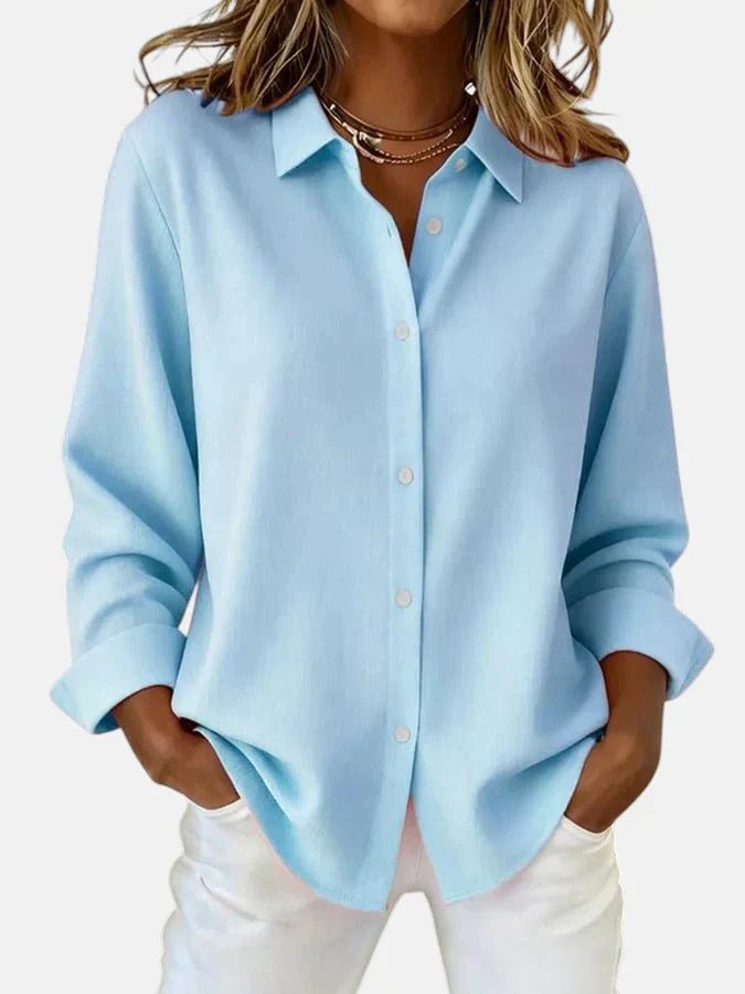 Women's Elegant Button Collar Blouse with Relaxed Fit Close Up