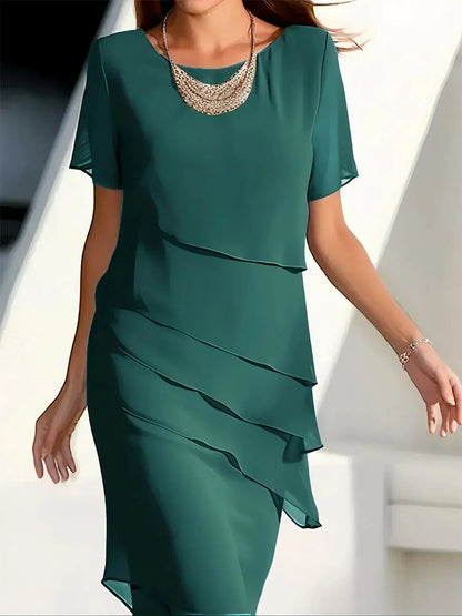 Women's Elegant Flowy Short Sleeve Dress with Tiered Layers Detail