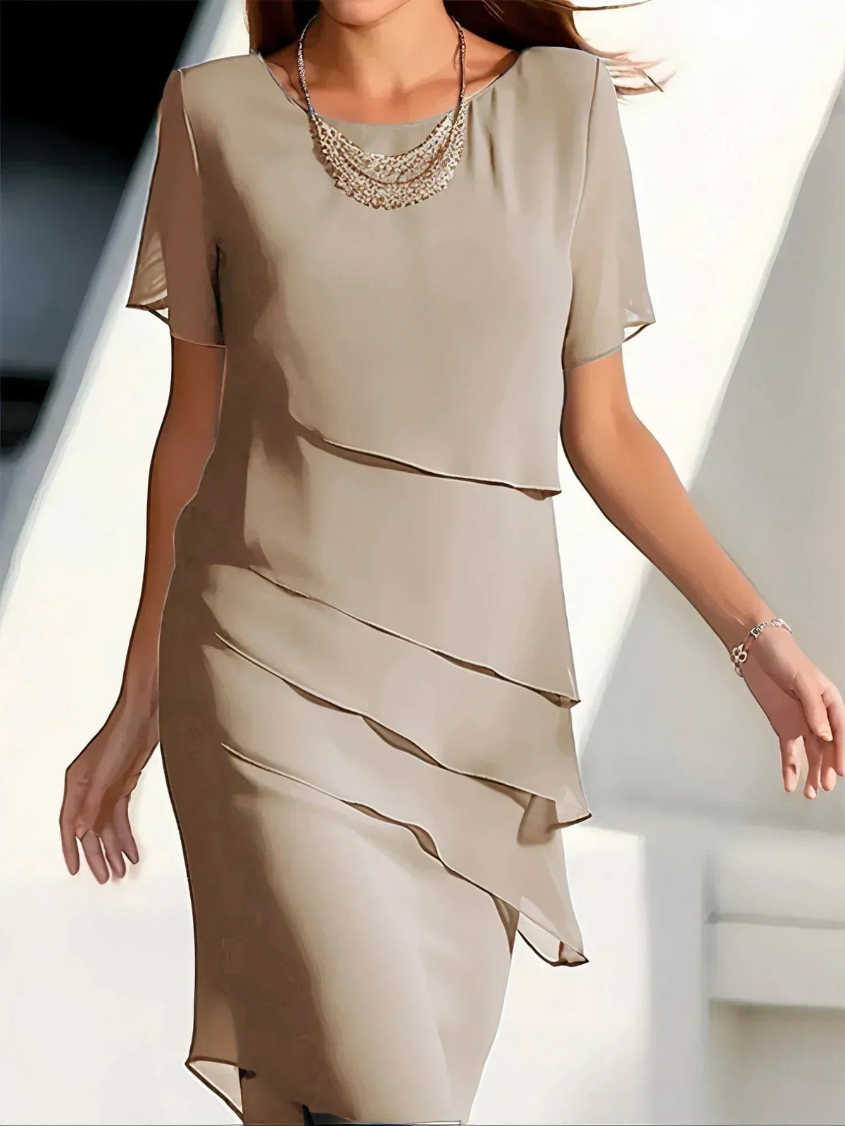 Women's Elegant Flowy Short Sleeve Dress with Tiered Layers Side
