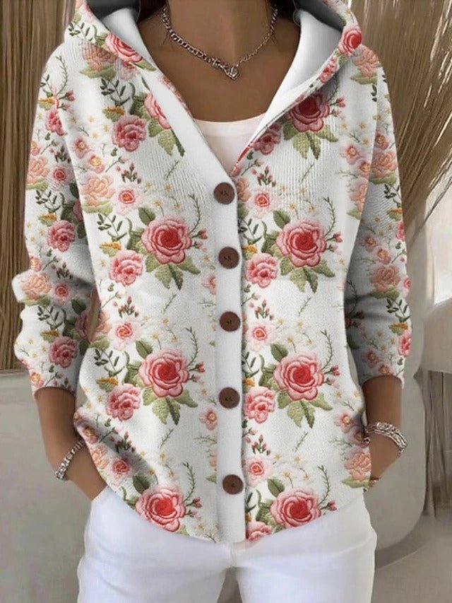 Women's Elegant Hooded Sweater with Button Front Back