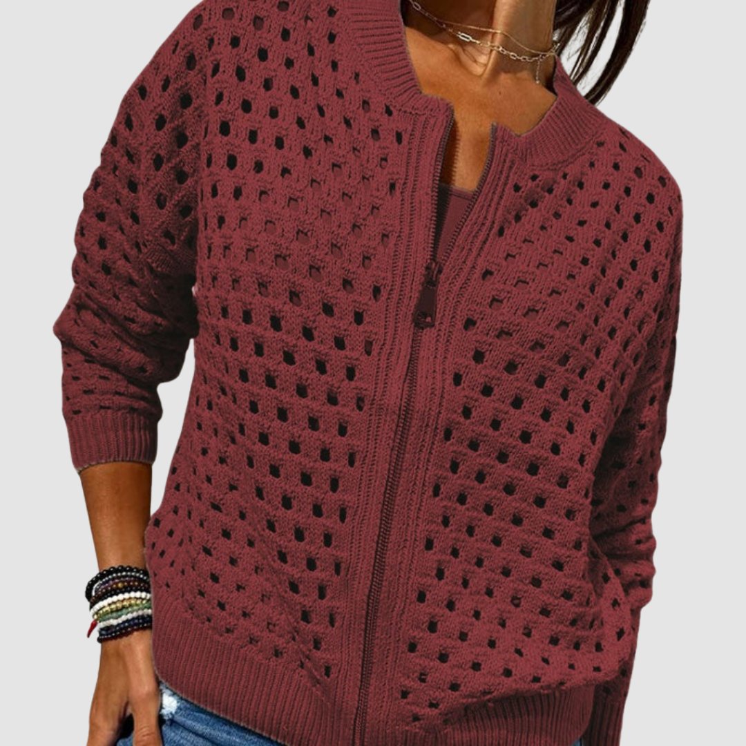 Women's Elegant Knitted Cardigan with Zip Front Close Up