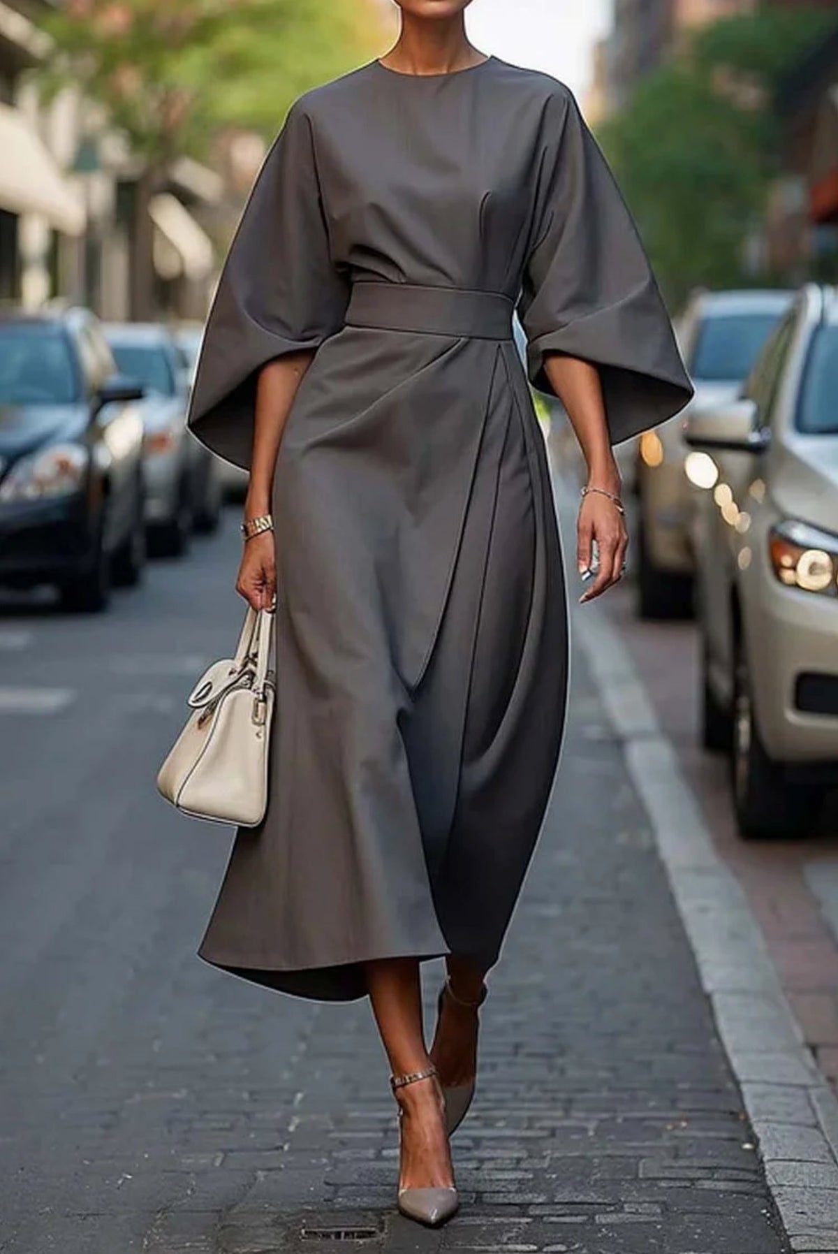 Women's Elegant Lantern Sleeve Dress with Waist Belt Back