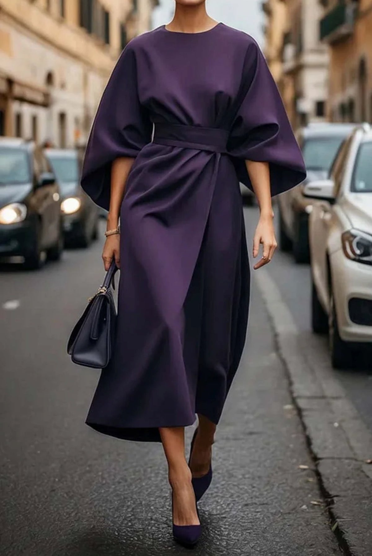 Women's Elegant Lantern Sleeve Dress with Waist Belt Close Up