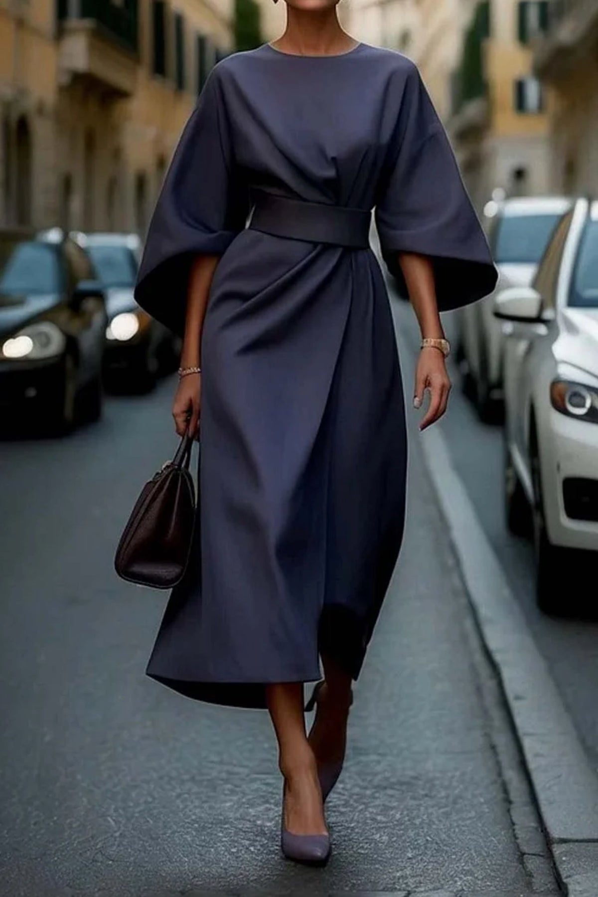 Women's Elegant Lantern Sleeve Dress with Waist Belt Front
