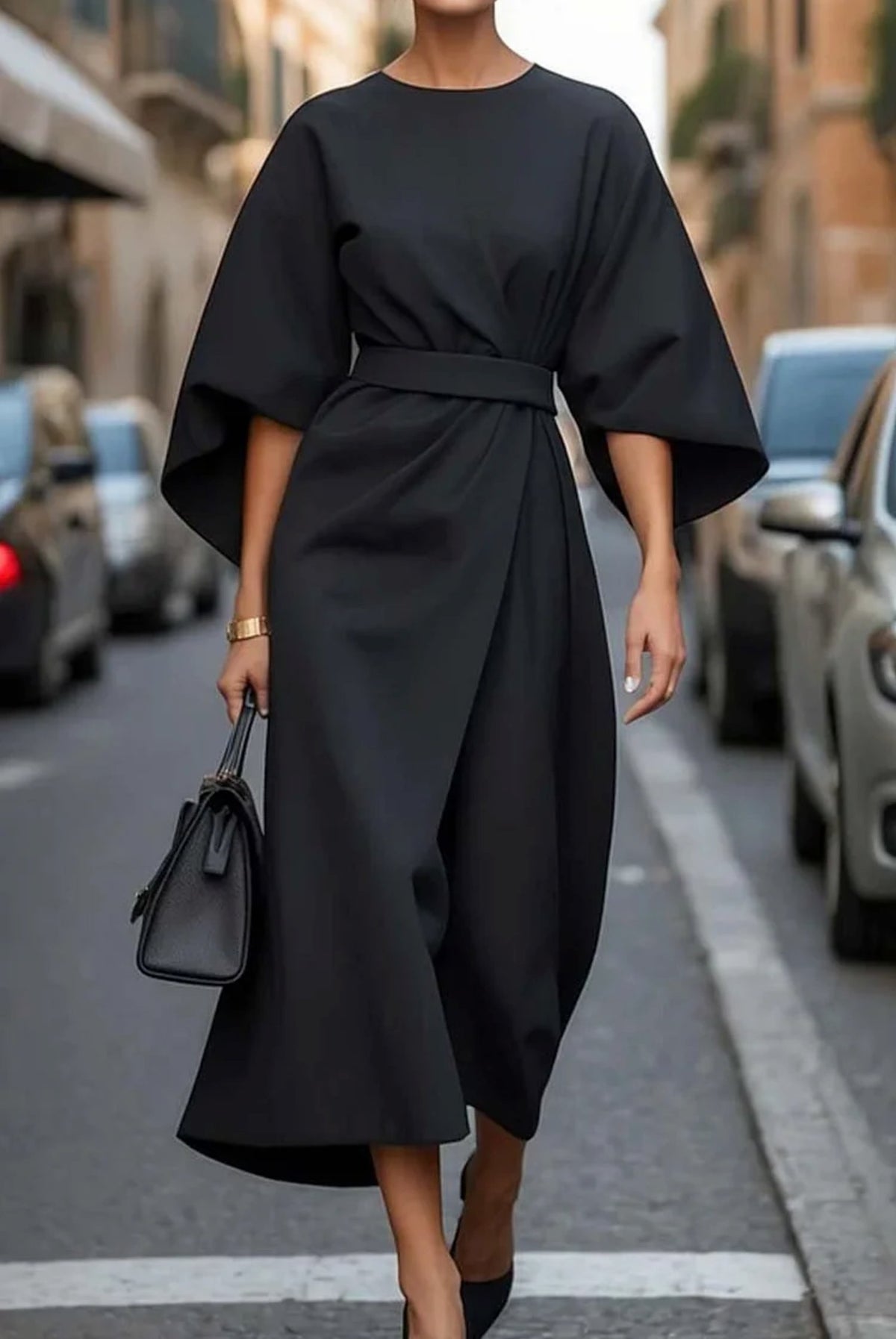 Women's Elegant Lantern Sleeve Dress with Waist Belt Hero