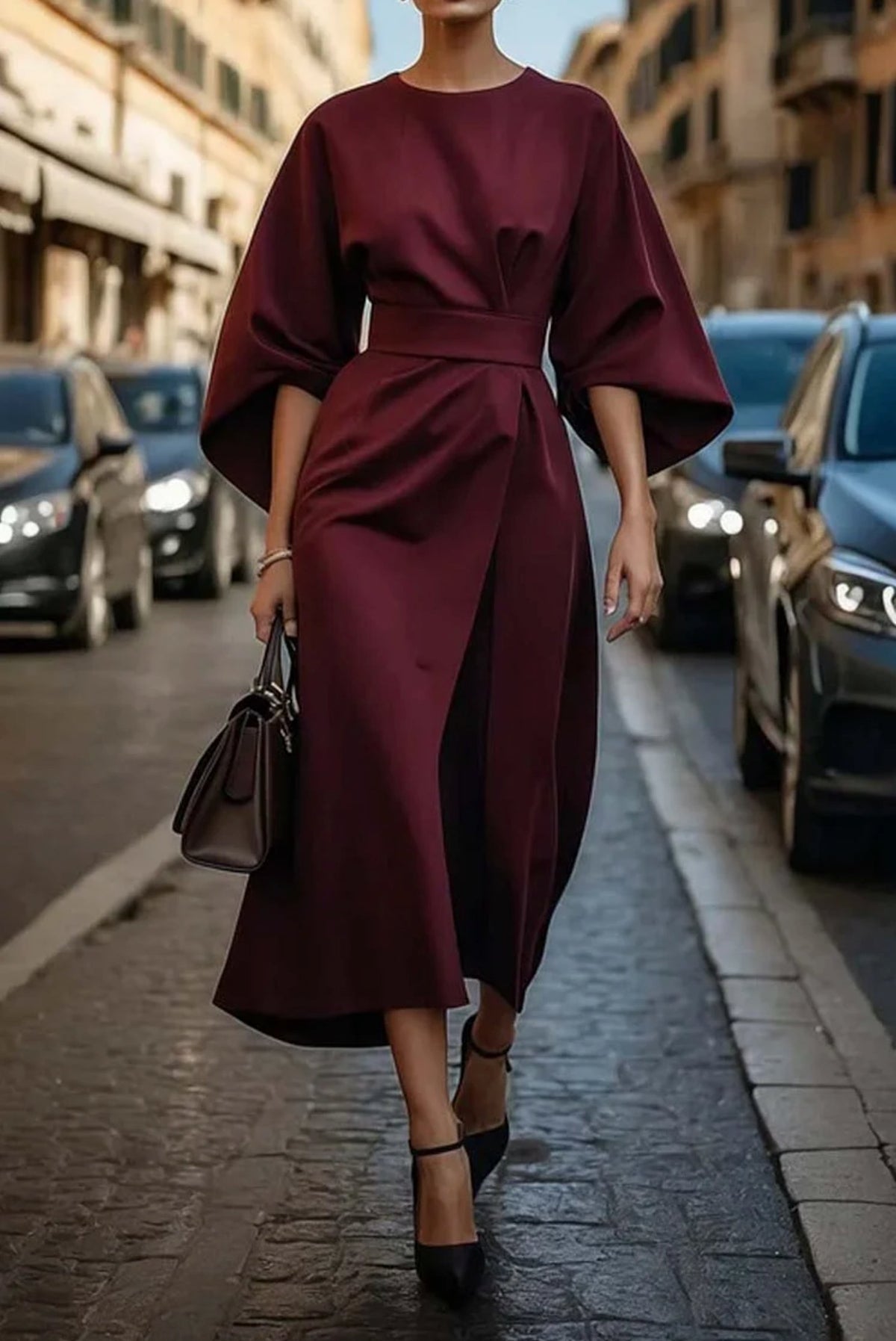 Women's Elegant Lantern Sleeve Dress with Waist Belt Side
