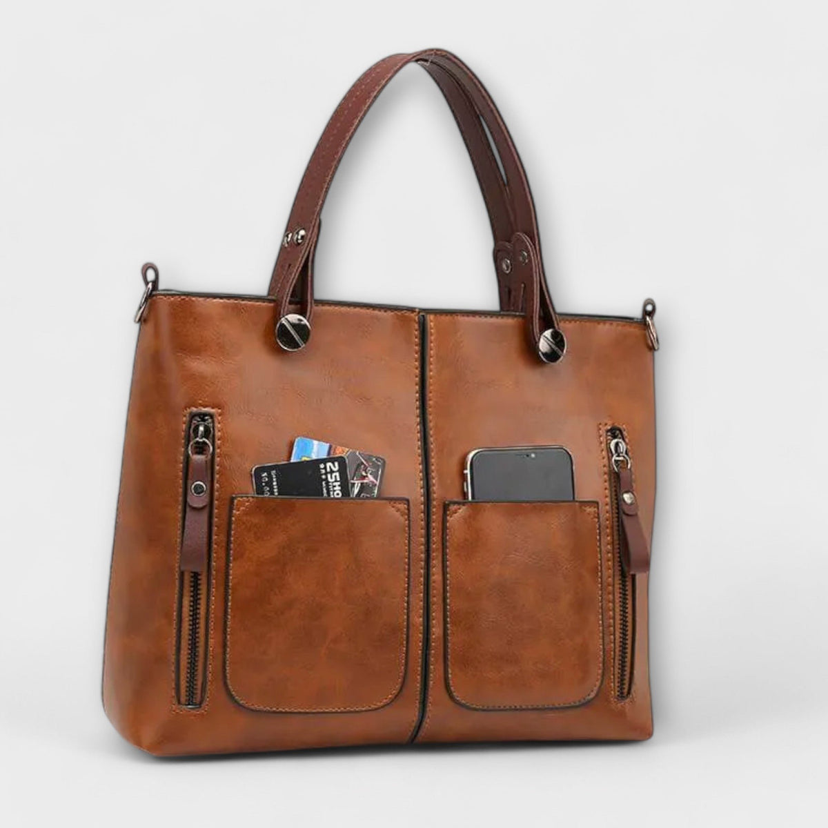 Women's Elegant Leather Bag with Dual Front Pockets Detail