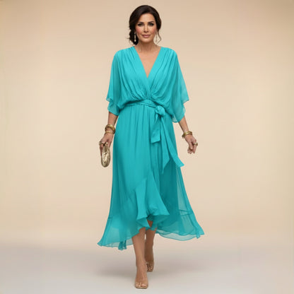 Women's Elegant V-Neck Dress with Flowy Sleeves Back