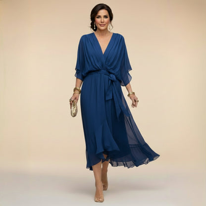 Women's Elegant V-Neck Dress with Flowy Sleeves Detail