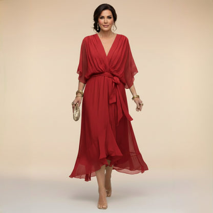 Women's Elegant V-Neck Dress with Flowy Sleeves Full