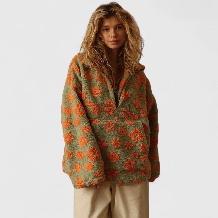 Women's Floral Borg Jacket | Half Zip with Pouch Pocket Detail