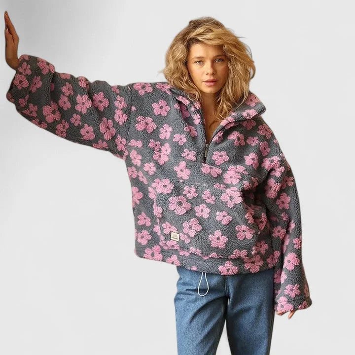 Women's Floral Borg Jacket | Half Zip with Pouch Pocket Front