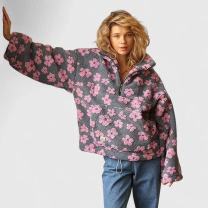 Women's Floral Borg Jacket | Half Zip with Pouch Pocket Front