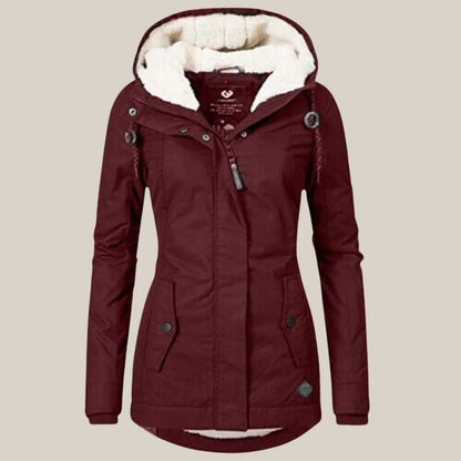 Women's Hooded Sherpa-Lined Quilted Jacket for Winter Close Up