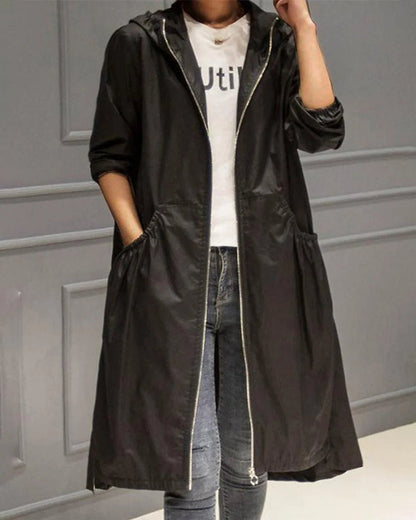 Women's Hooded Waterproof Long Trench Coat with Zip Front Side
