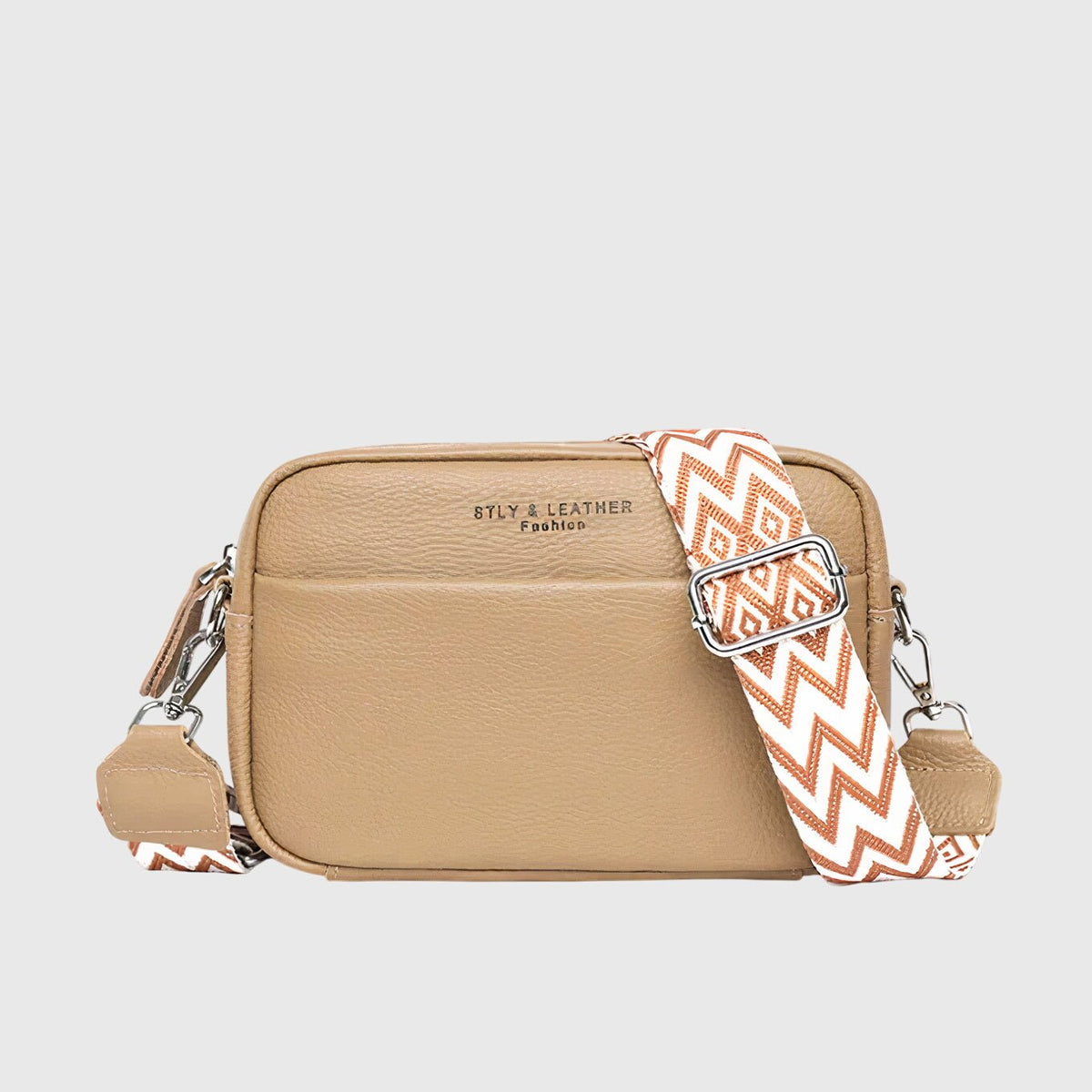 Women's Leather Shoulder Bag with Wide Patterned Strap Back