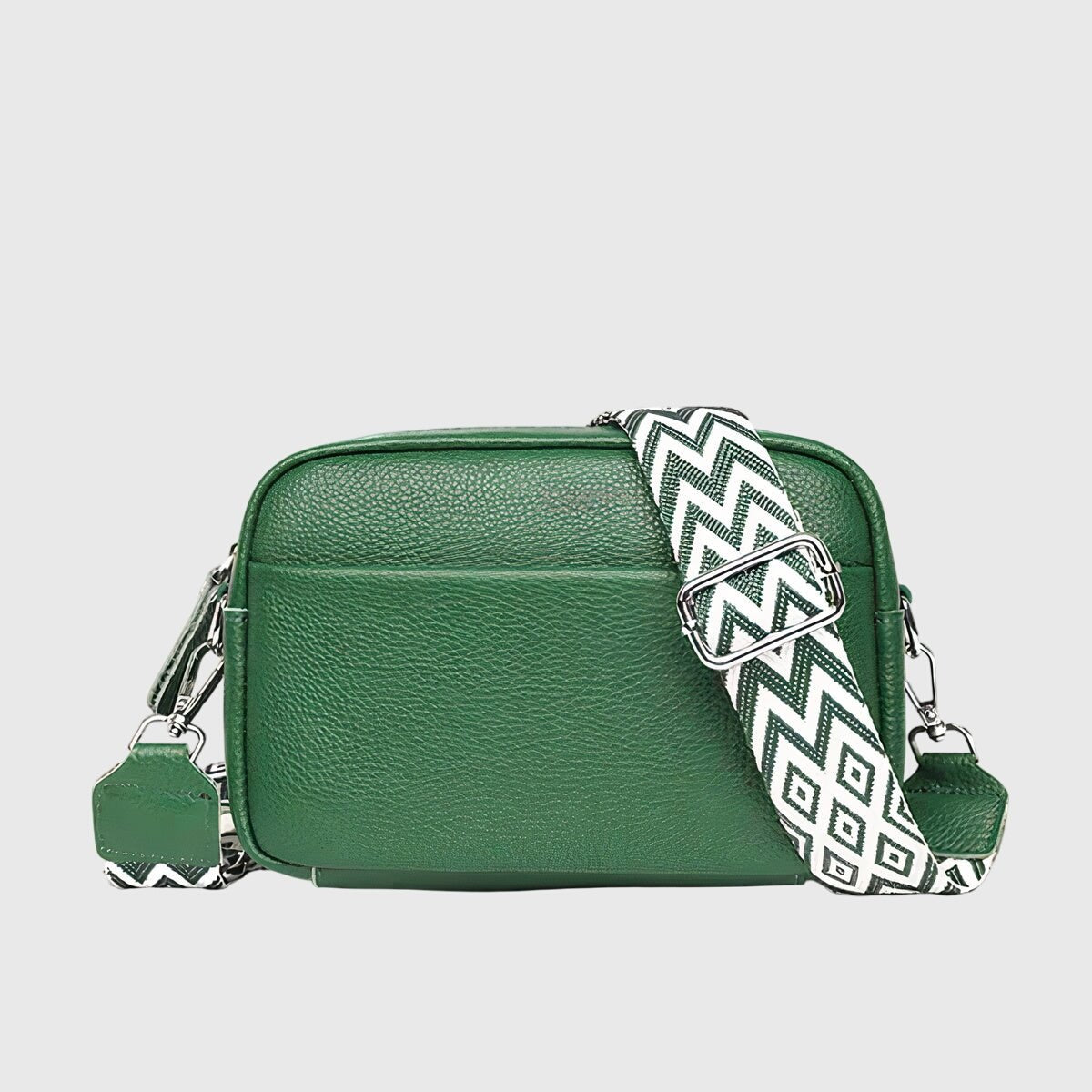 Women's Leather Shoulder Bag with Wide Patterned Strap Close Up