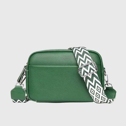 Women's Leather Shoulder Bag with Wide Patterned Strap Close Up