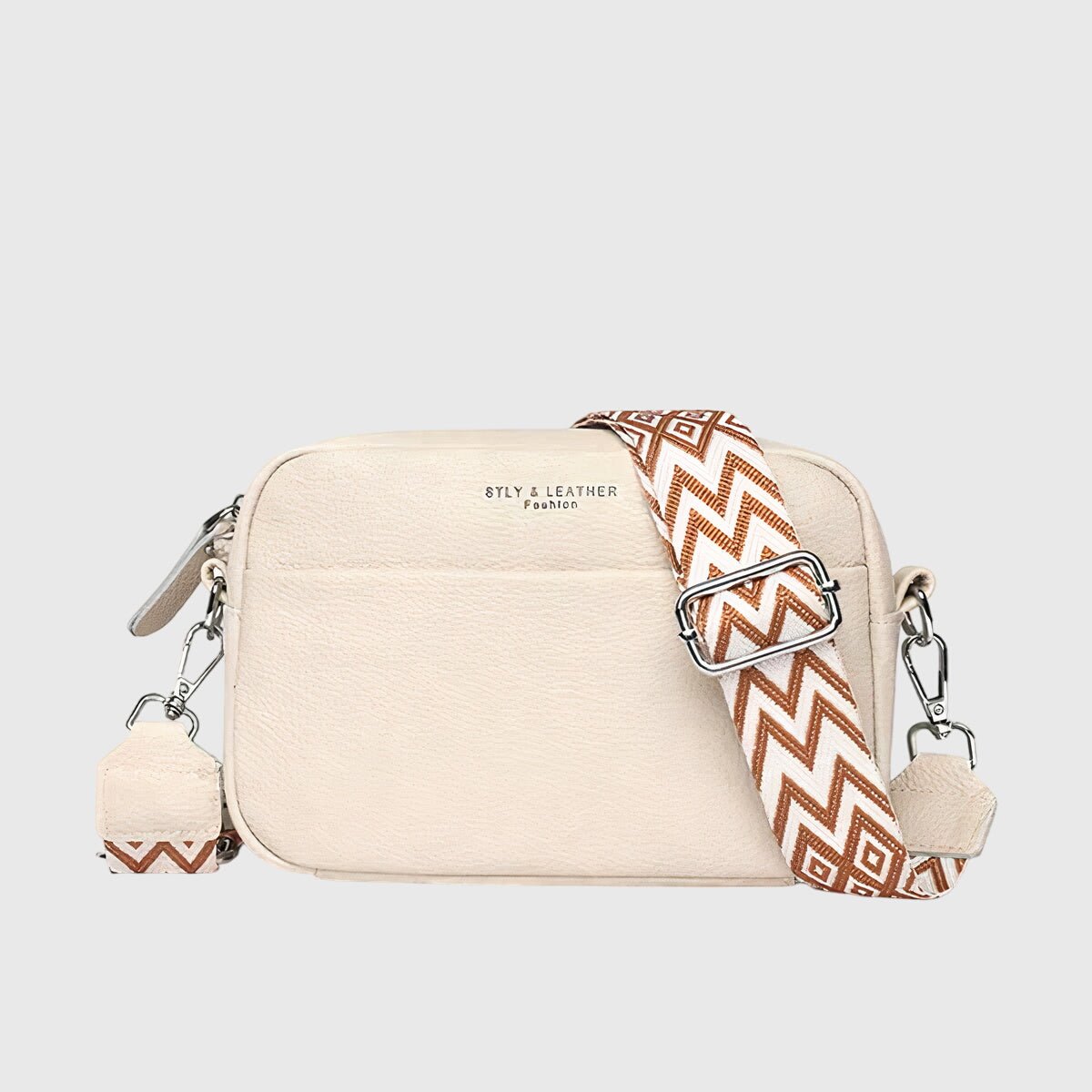 Women's Leather Shoulder Bag with Wide Patterned Strap Detail