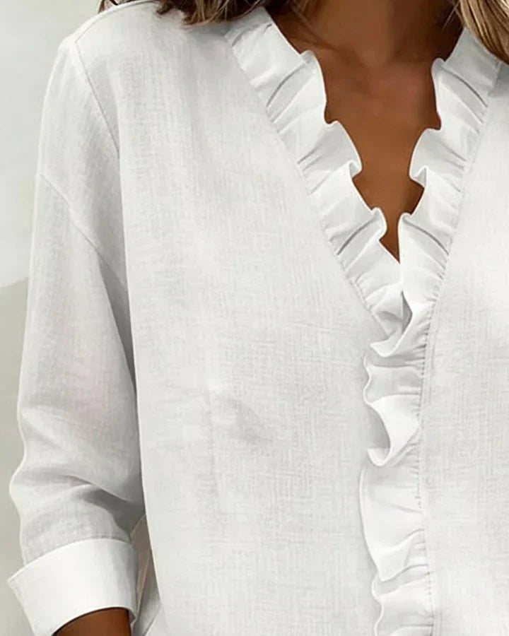 Women's Lightweight V-Neck Blouse with Ruffle Neckline Angle