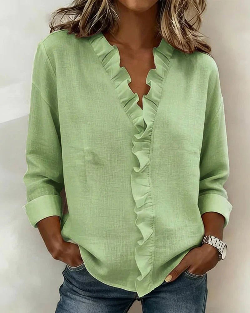 Women's Lightweight V-Neck Blouse with Ruffle Neckline Detail