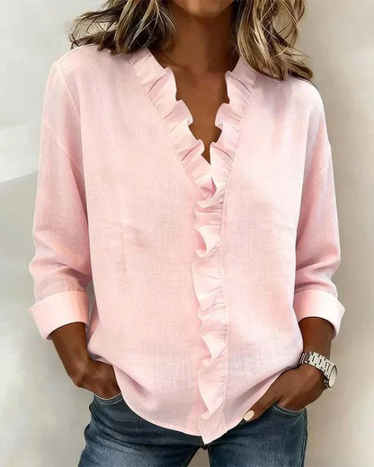 Women's Lightweight V-Neck Blouse with Ruffle Neckline Hero