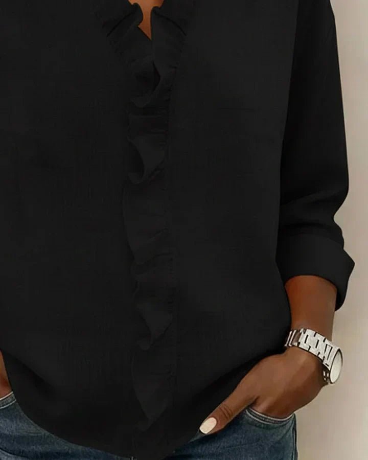 Women's Lightweight V-Neck Blouse with Ruffle Neckline Lifestyle
